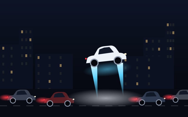 A car lifting out of a city traffic jam on blue jets